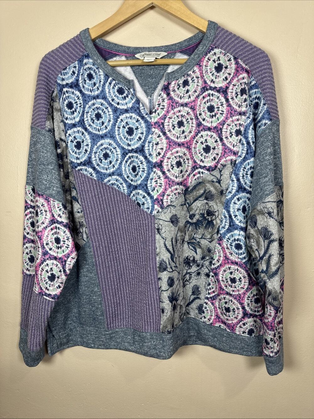 Coldwater Creek Womens Sweatshirt Patchwork Boho Casual